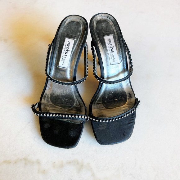Vintage Sacha London black rhinestone high heel shoes / sandals, square toe, 90s - Picture 3 of 8